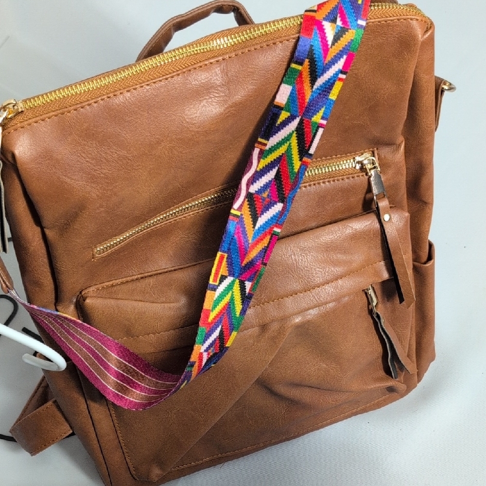 Modern+Chic Brown Backpack/Purse with Colorful Reversible/Removable Strap - Picture 8 of 12